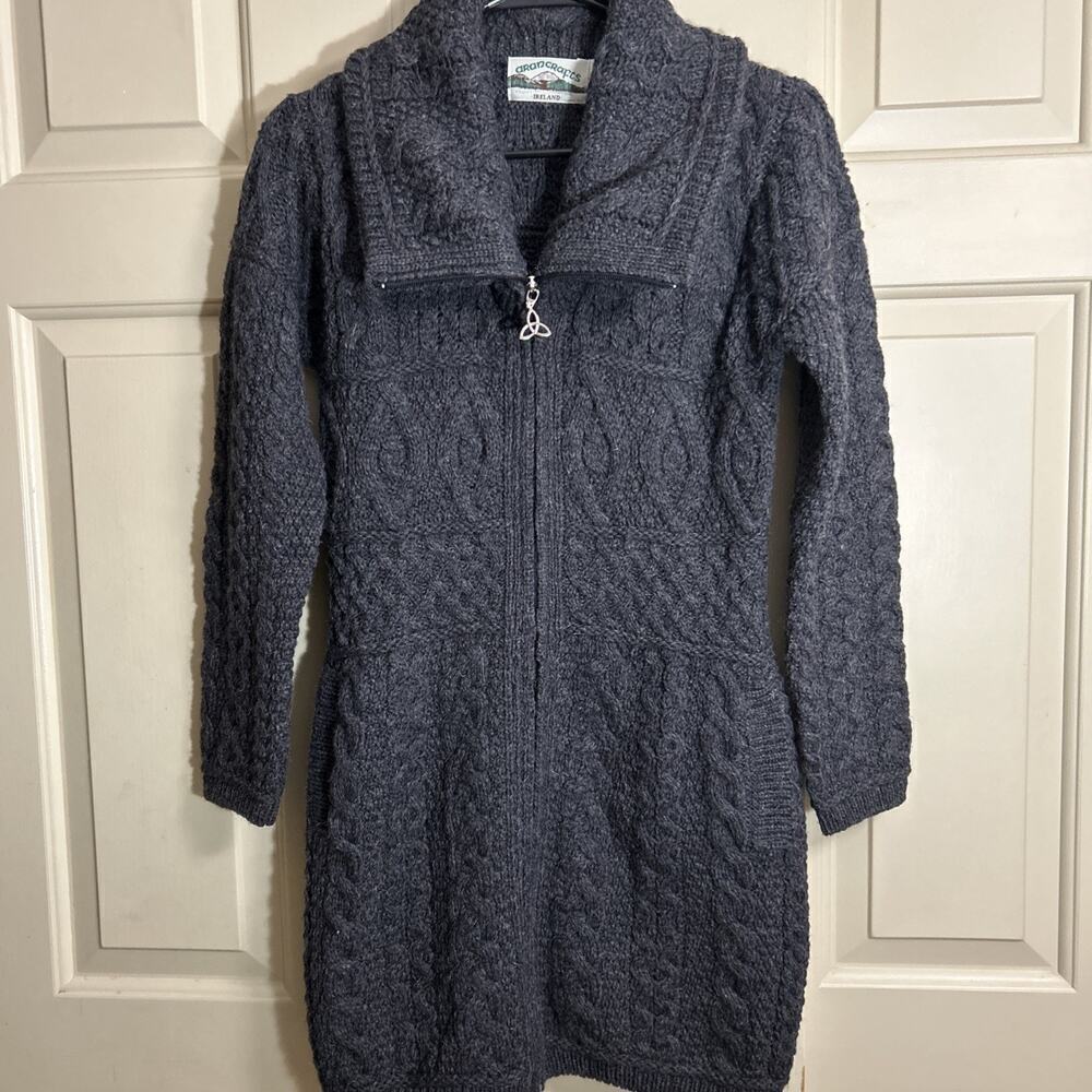 Aran Crafts Wool Sweater Collar Coat Cardigan Zip Cable Knit Dark Grey Sz XS - Picture 2 of 7